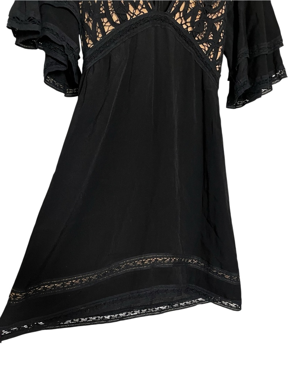 For Love & Lemons Carmine Mini Dress Black Lace Plunge Flutter Sleeve S - Picture 6 of 14